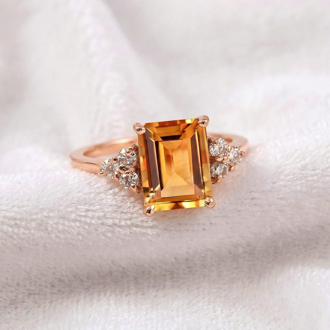 Natural Citrine Emerald Cut Ring, 14K Solid Gold, November Birthstone, Engagement Promise Ring