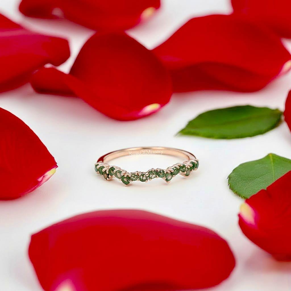 Natural Moss Agate Half Eternity Band, Dainty Stacking Ring for Women, 14K White Gold Wedding Engagement Jewelry Gift, Personalized Rings