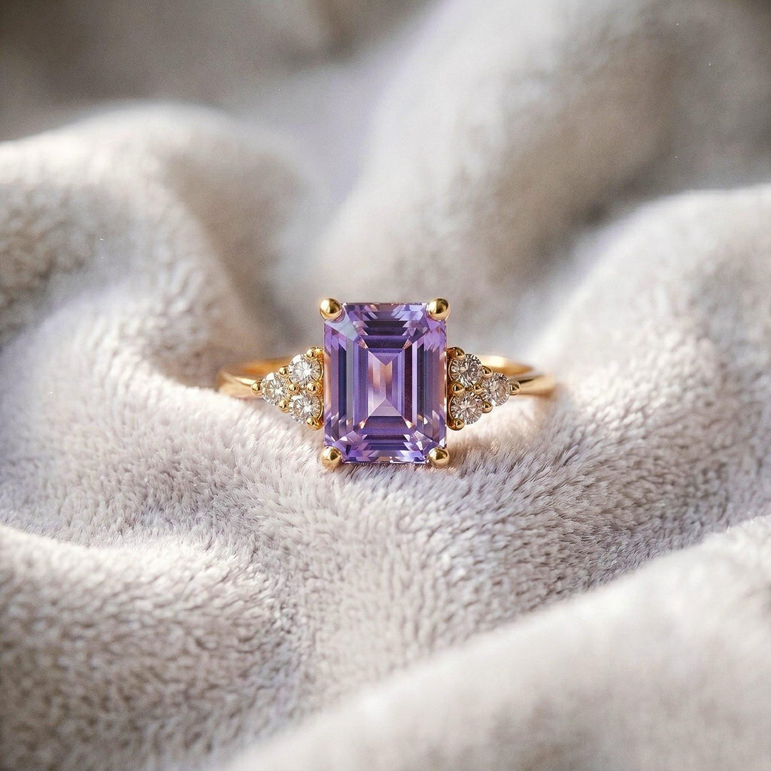 Emerald Cut Natural Amethyst Ring, Solid Rose Gold Solitaire Statement Ring (6x8mm)