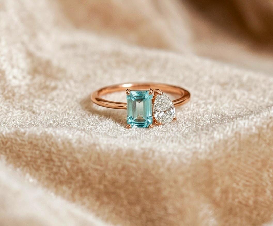 Emerald Cut Aquamarine Engagement Ring, Toi et Moi Design, Solid 925 Silver