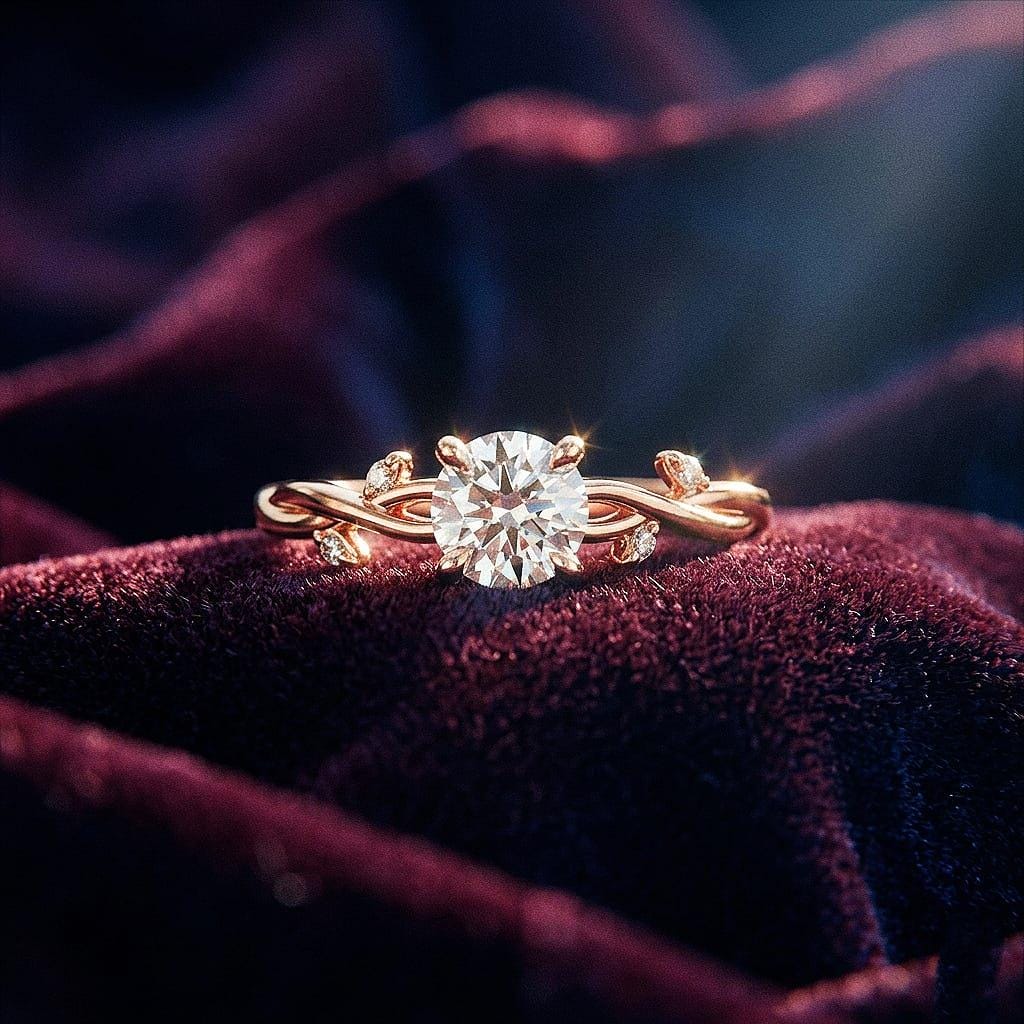 Vintage Round Moissanite Engagement Ring, Dainty White Gold Moissanite Wedding Ring, Nature Leaf Twisted Anniversary Promise Rings For Women