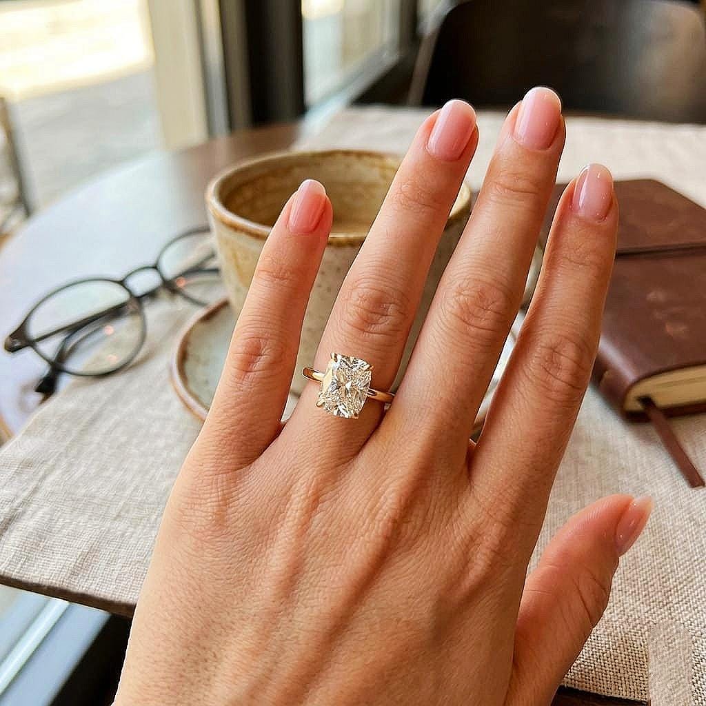 Elongated Long Cushion Cut Moissanite Ring – 14K Gold Cushion Cut Solitaire Ring, Sterling Silver with Gold Vermeil Ring