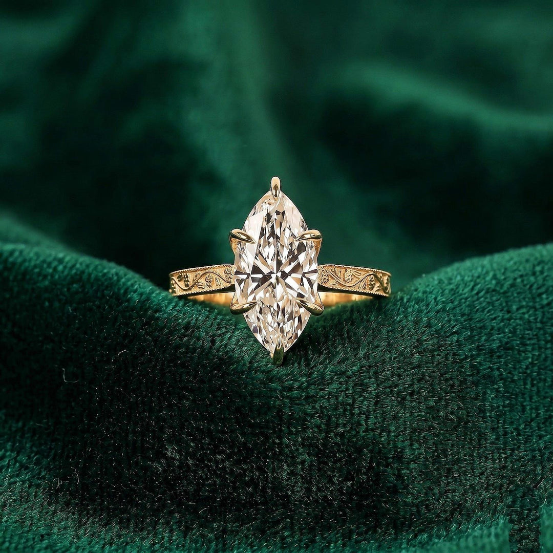 Marquise cut Moissanite engagement ring Solid yellow gold leaf ring Diamond bridal ring Moissanite Ring, anniversary ring