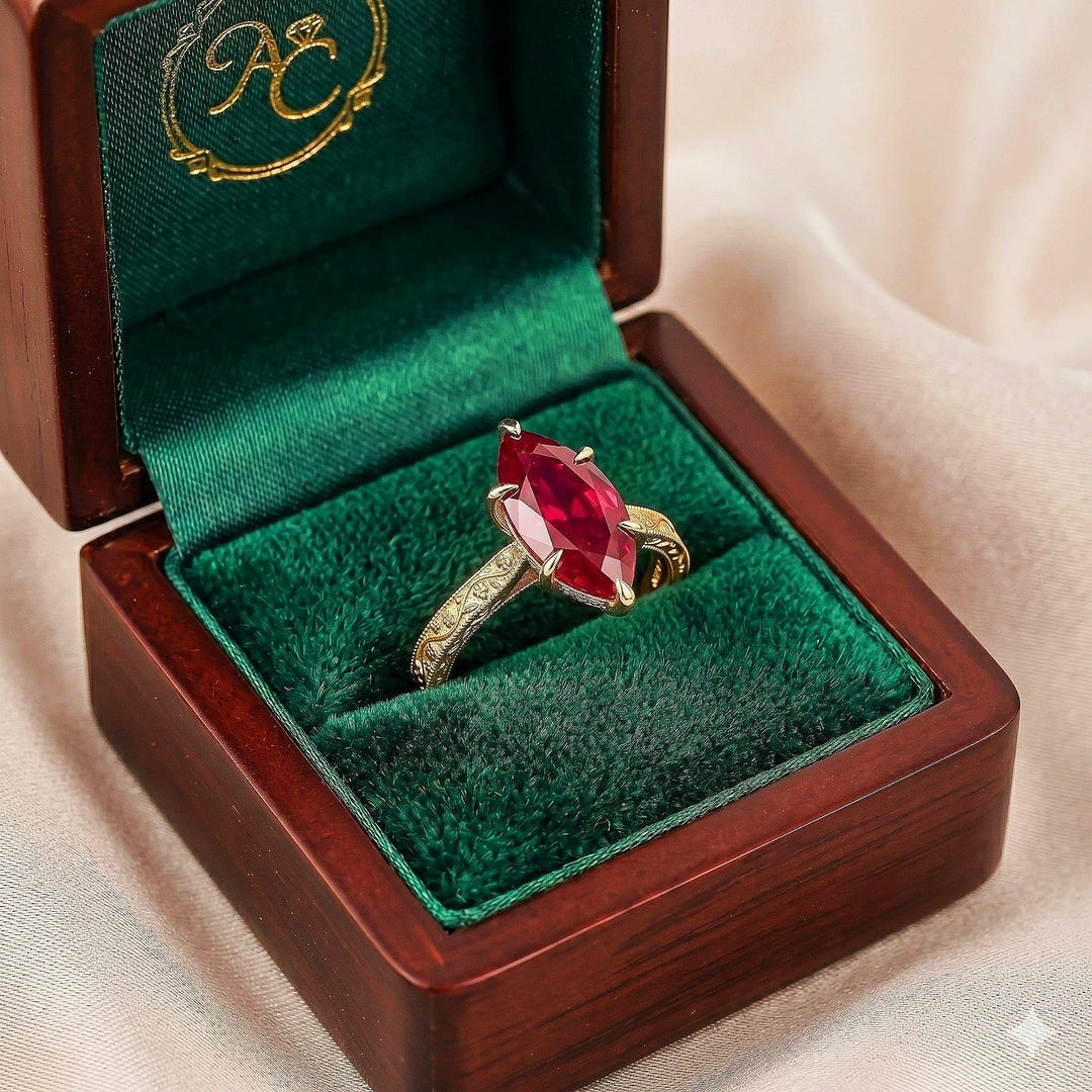 Marquise Cut Ruby Engagement Ring Set Vintage Moissanite Cluster Wedding Ring 14k Gold Anniversary Rings For Women Custom Promise Rings Gift