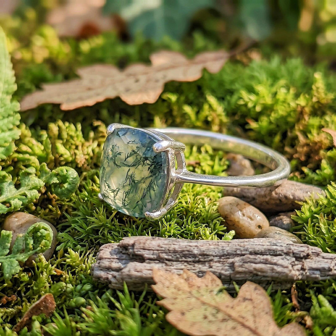 Minimalist Moss Agate Cushion Cut Solitaire Ring, Dainty Agate Ring, Nature Inspired, Wedding & Engagement Ring, Anniversary For Women Her