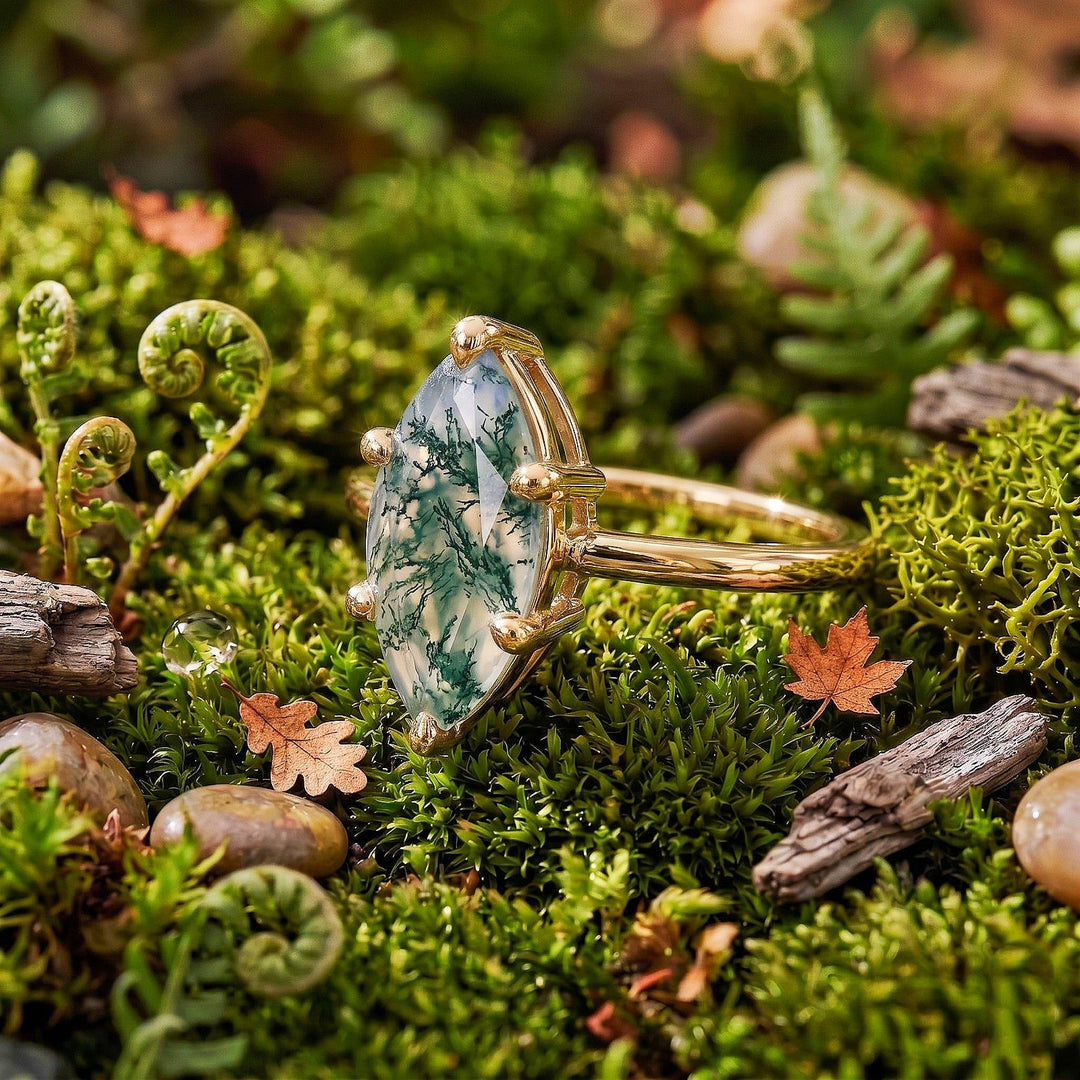 Vintage Marquise Cut Moss Agate Engagement Ring, Solid 14K Gold Promise Ring, Nature Inspired Art Deco Ring Unique Anniversary Gift For Her