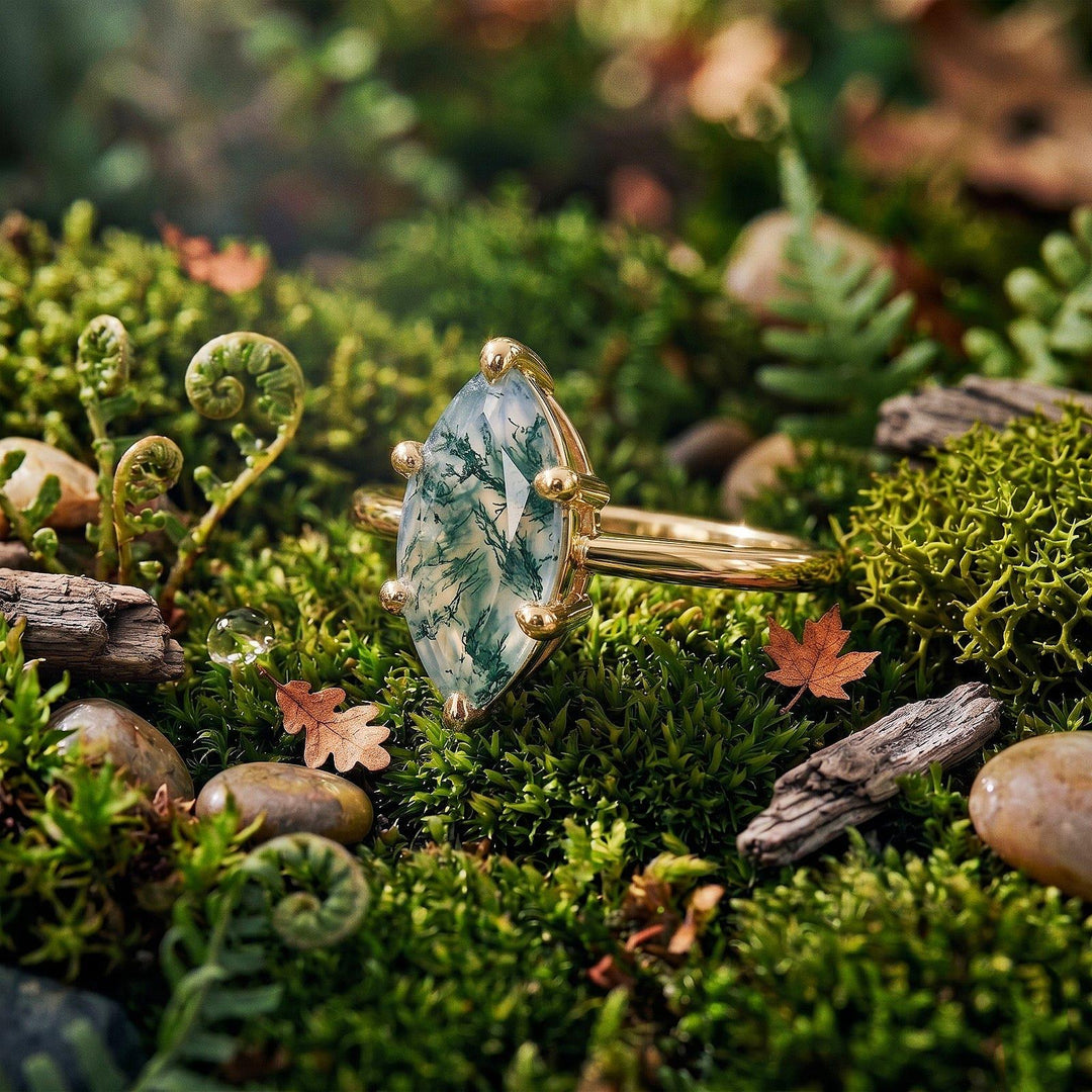 Vintage Marquise Cut Moss Agate Engagement Ring, Solid 14K Gold Promise Ring, Nature Inspired Art Deco Ring Unique Anniversary Gift For Her