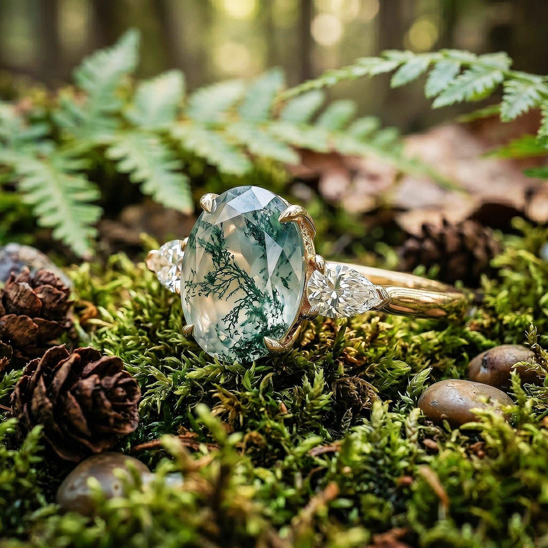 Oval Natural Green Moss Agate Engagement Ring Rose Gold Cluster Aquatic Agate Promise Ring Woman Marquise Cut CZ Diamond Wedding Ring