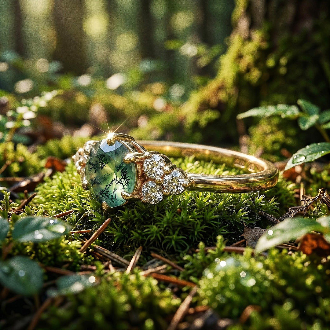 Vintage moss agate engagement ring Round Unique 14k Rose gold bridal ring Prong moissanite diamond ring Promise anniversary gift for her