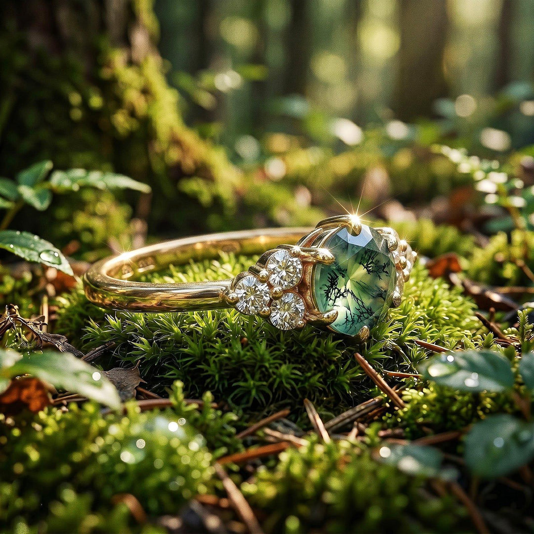 Vintage moss agate engagement ring Round Unique 14k Rose gold bridal ring Prong moissanite diamond ring Promise anniversary gift for her