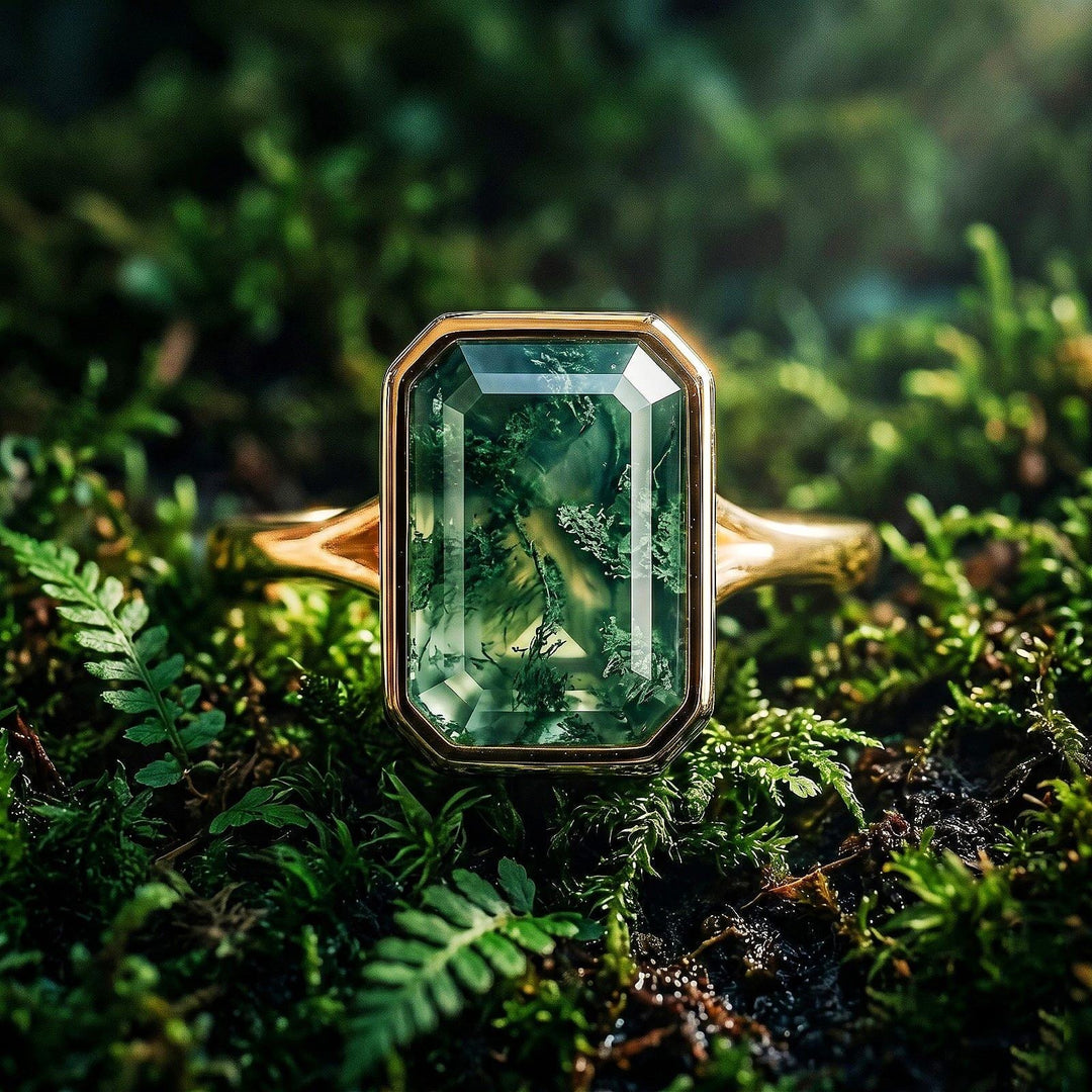 Emerald Cut Natural Moss Agate Engagement Ring Solid 14K Yellow Gold Minimalist Ring Solitaire Ring Green Gemstone Rings Anniversary Gift