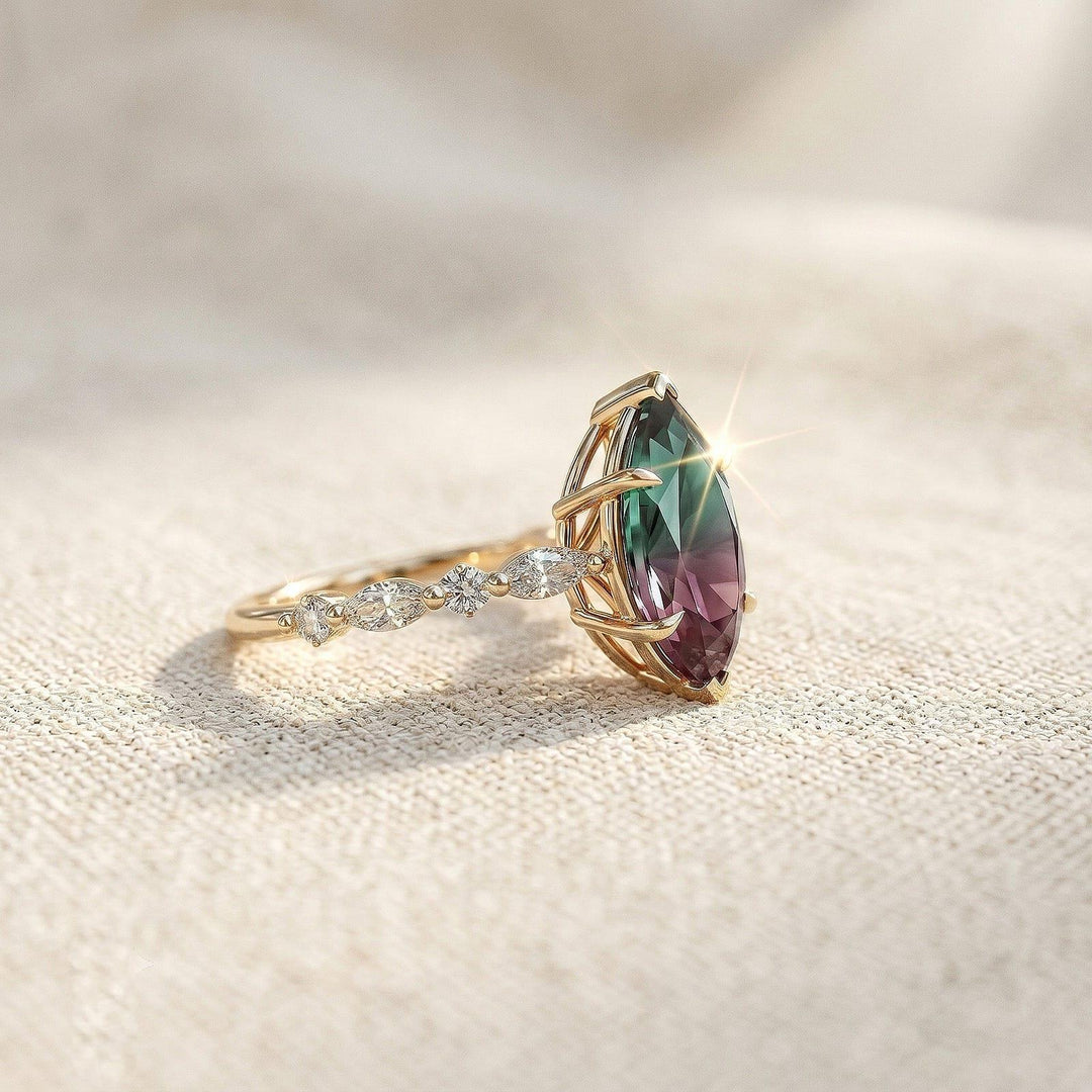 Marquise Alexandrite Engagement Ring Solid Gold Vintage Engraved Alexandrite Wedding Ring Promise Gemstone Rings for Women Handmade Jewelry