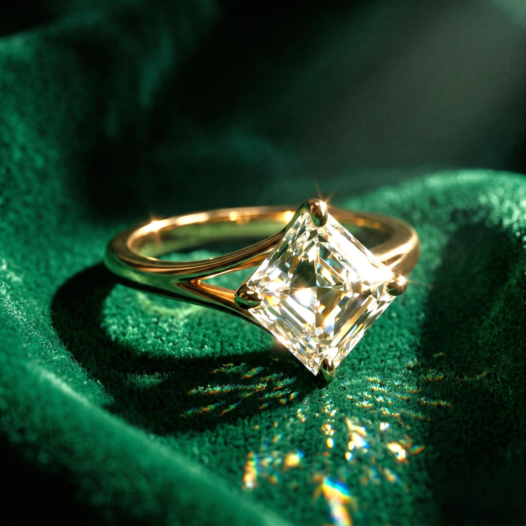 Ascher Cut Moissanite Engagement Dainty Ring: 14K Gold Wedding Halo Solitaire Split Shank Diamond Promise Ring, Anniversary Gift