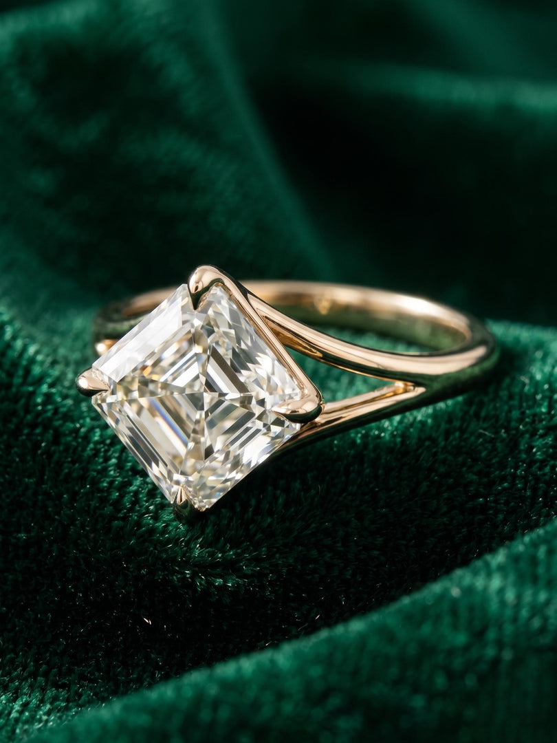 Ascher Cut Moissanite Engagement Dainty Ring: 14K Gold Wedding Halo Solitaire Split Shank Diamond Promise Ring, Anniversary Gift