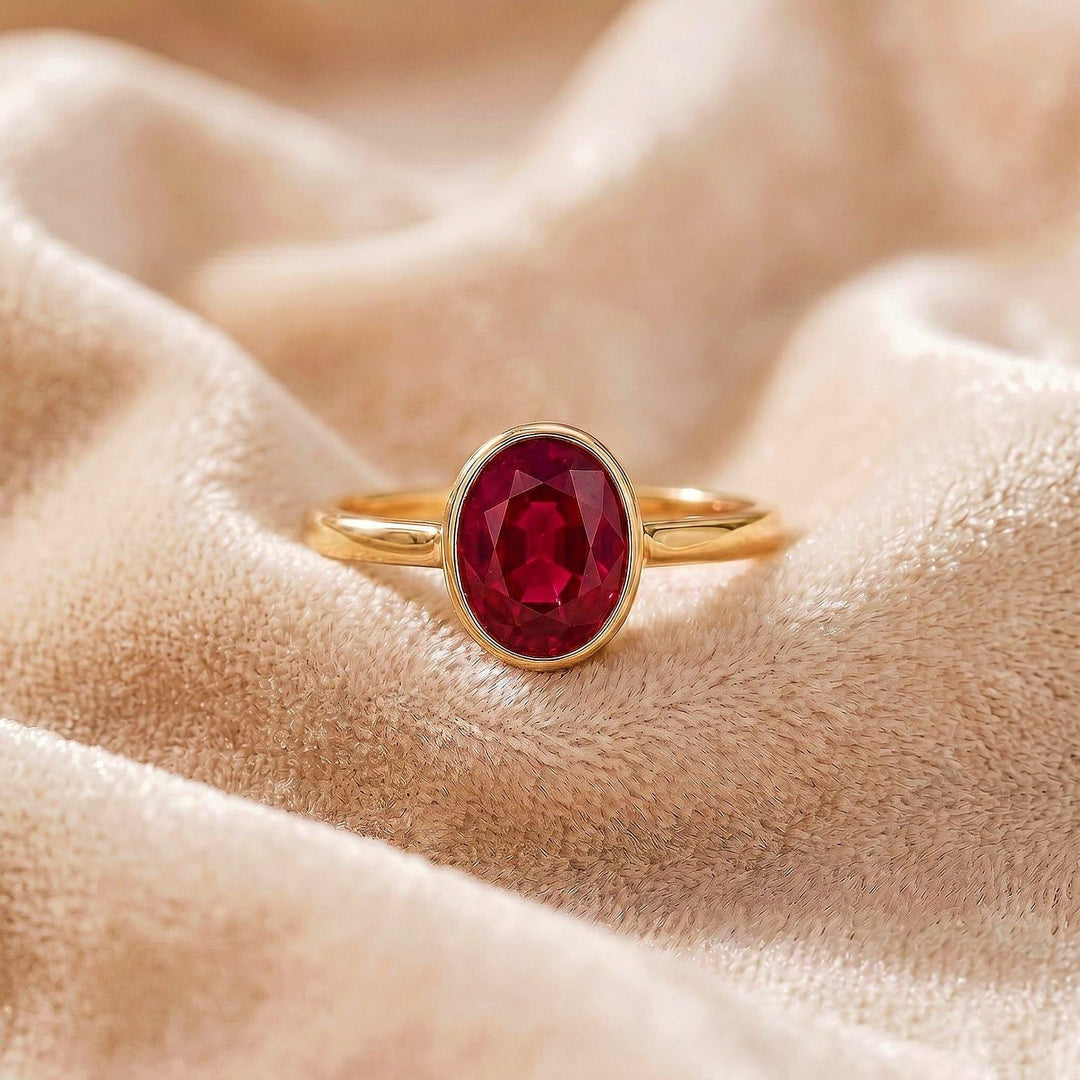Oval Ruby Bezel Ring | 14K Gold Minimalist Engagement Ring | Solitaire Red Gemstone Statement Ring | Handmade Fine Jewelry Gift for Her
