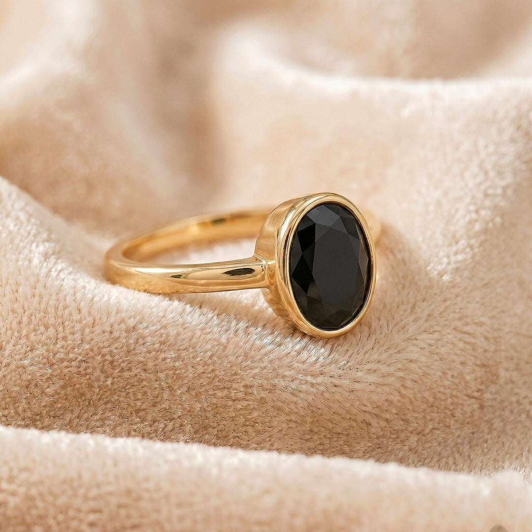 Black Onyx Ring, Bezel Cut, Minimalist Stacking Ring, Dainty Black Stone Band, Genuine Onyx Promise Ring, Gothic Jewelry Gift for Her