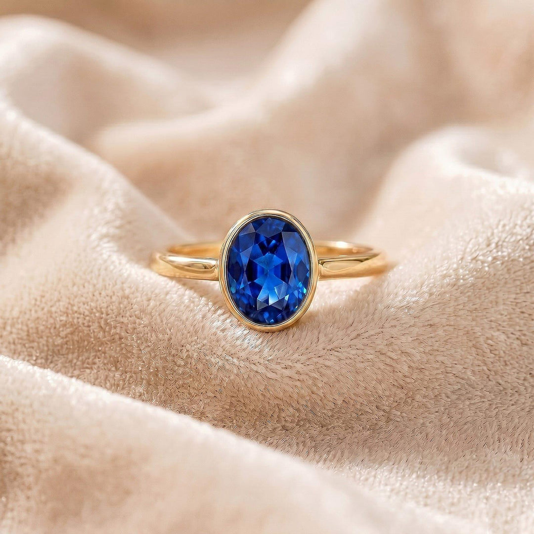 Blue Sapphire Bezel Ring | 14K Gold Minimalist Engagement Ring | Delicate Stacking Ring | Anniversary Jewelry for Women, Gift for Her