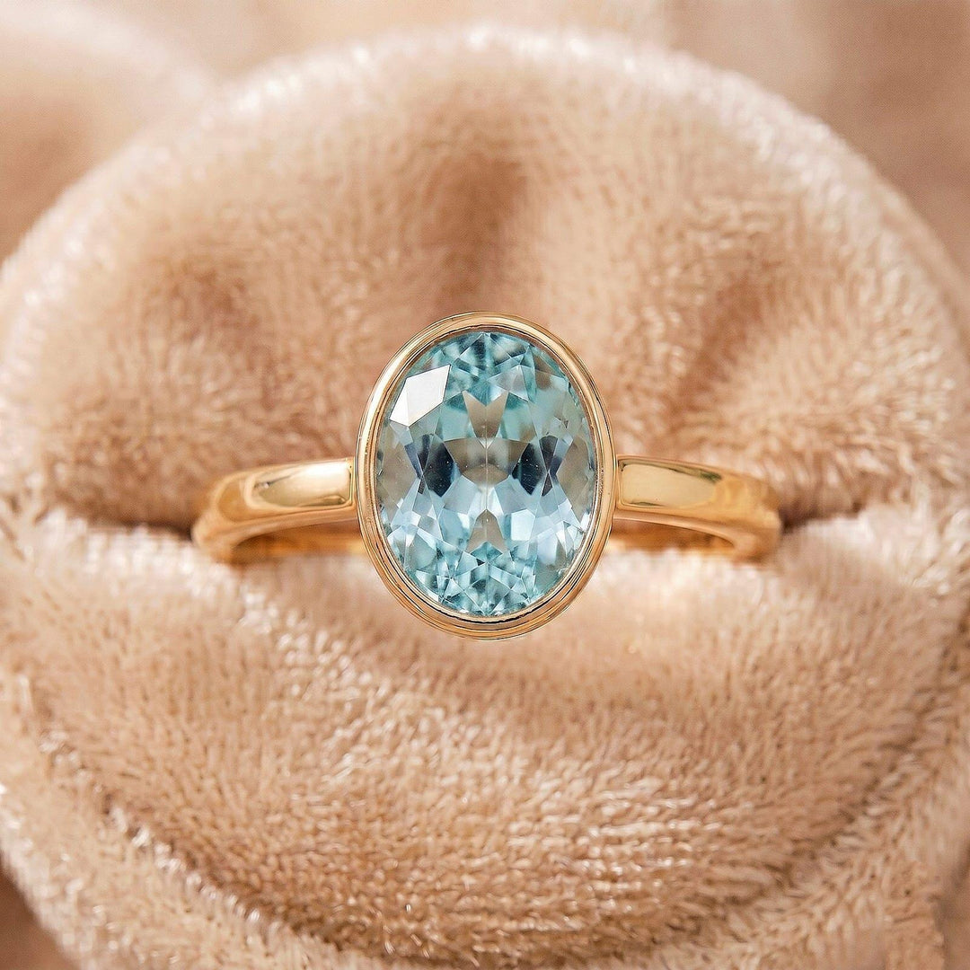 Oval Aquamarine Engagement Ring, Bezel Cut Ring, 14K Gold Solitaire Ring, Minimalist Ring, Statement Ring, March Birthstone Gift for Her