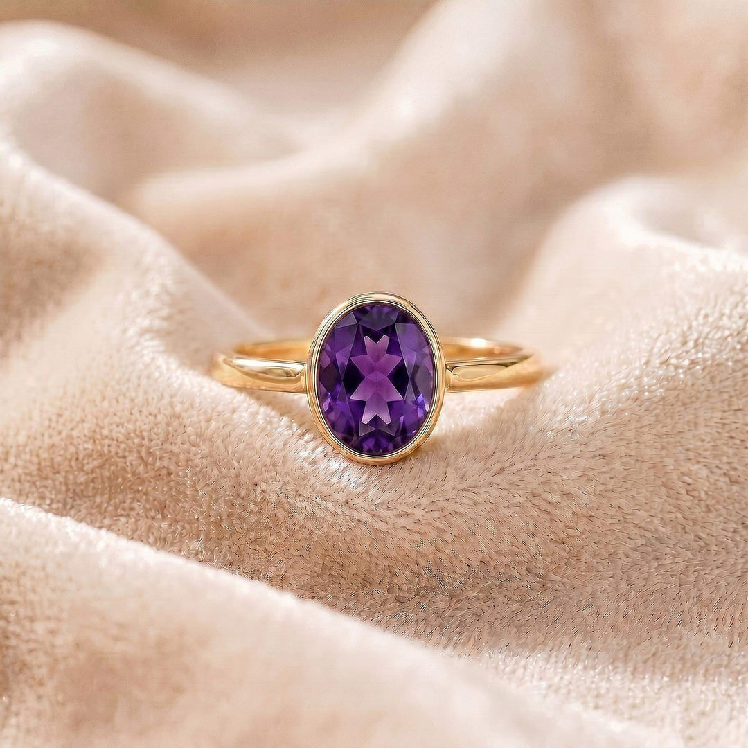 Oval Amethyst Bezel Cut Ring, 14K Gold Engagement Ring Thick Wide Band Ring Elongated February Birthstone, Solitaire Ring Anniversary Ring