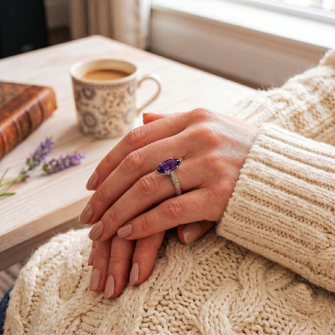 Vintage Marquise Amethyst Leaf Engagement Ring, Dainty Branch Amethyst Promise Ring, Unique Solid Gold Purple Amethyst Wedding Ring