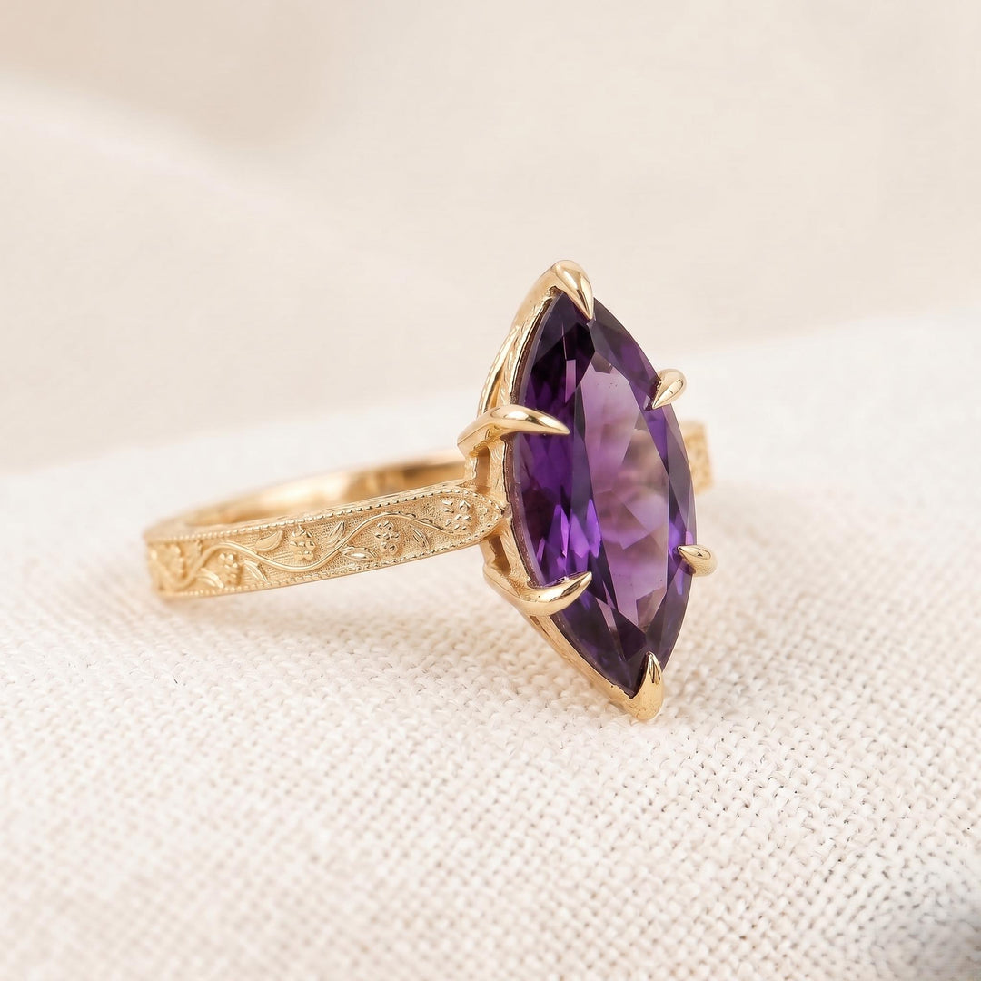 Vintage Marquise Amethyst Leaf Engagement Ring, Dainty Branch Amethyst Promise Ring, Unique Solid Gold Purple Amethyst Wedding Ring