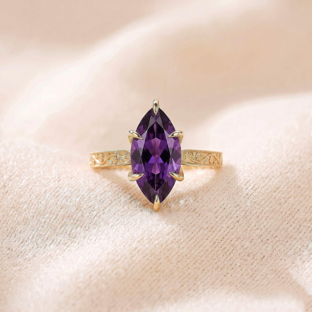 Vintage Marquise Amethyst Leaf Engagement Ring, Dainty Branch Amethyst Promise Ring, Unique Solid Gold Purple Amethyst Wedding Ring