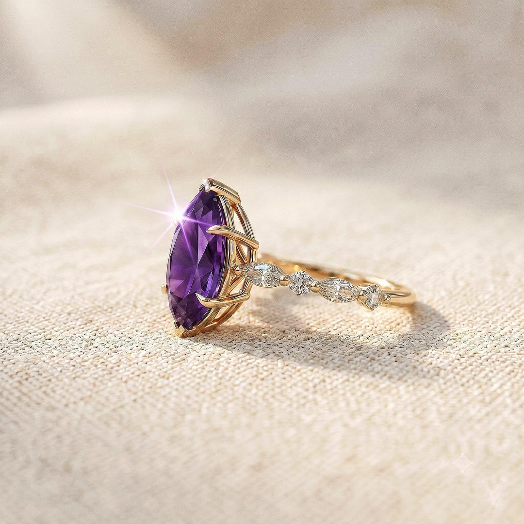 Dainty Marquise Cut Amethyst Engagement Ring 14k Yellow Gold Birth Ring Wedding Ring Personalized Amethyst Solitaire Promise Ring for Her