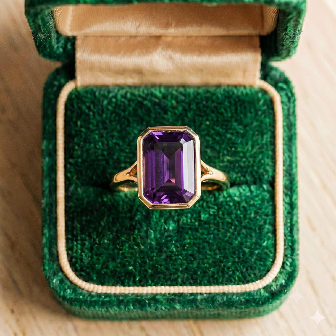 Emerald Cut Natural Amethyst Engagement Ring, Solid Rose Gold Promise Ring, Solitaire Ring, Bezel Ring, Statement Ring, Gem Ring Women