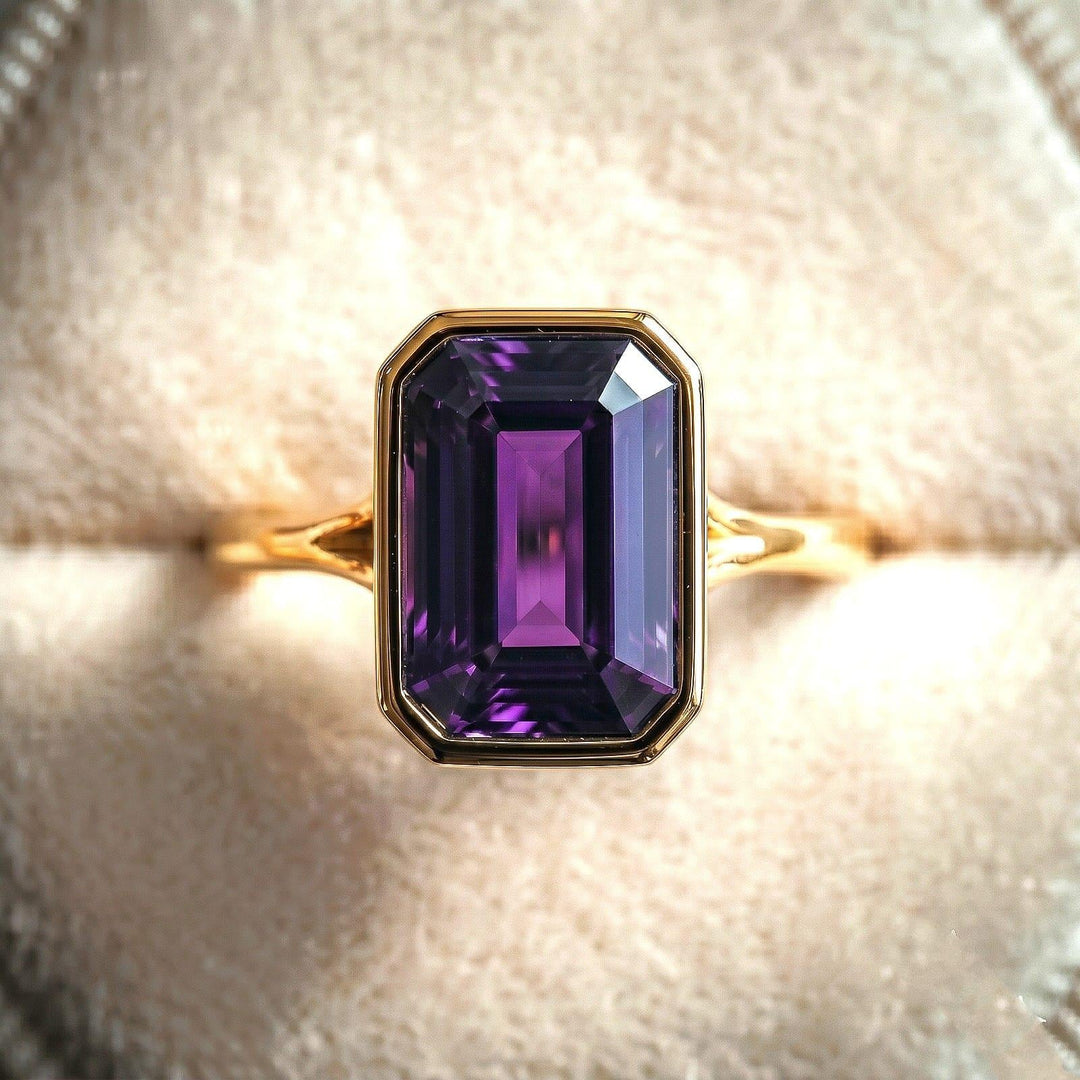 Emerald Cut Natural Amethyst Engagement Ring, Solid Rose Gold Promise Ring, Solitaire Ring, Bezel Ring, Statement Ring, Gem Ring Women