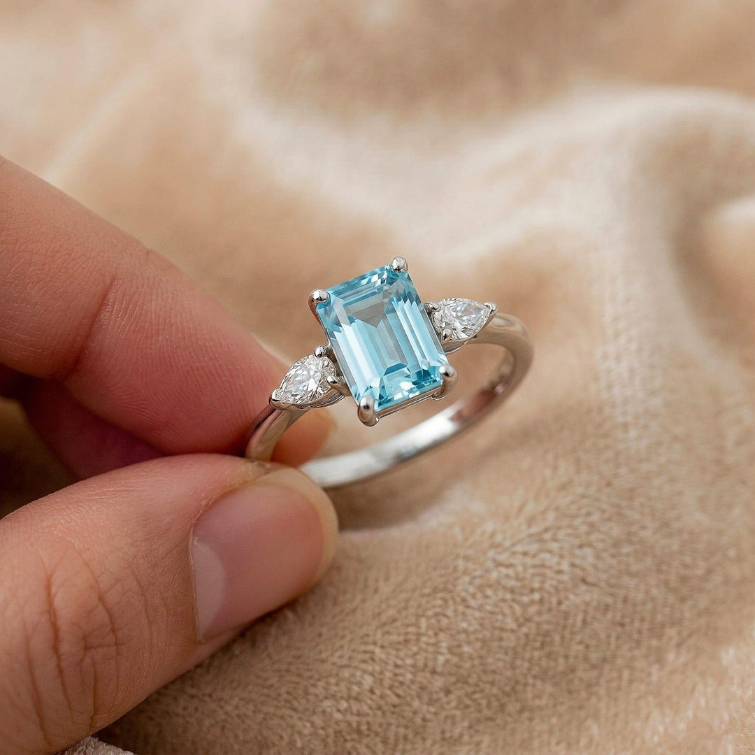 Natural Aquamarine Ring in 925 Sterling Silver Emerald cut Engagement, Promise Ring March Birthstone, Anniversary Birthday Gift For Her
