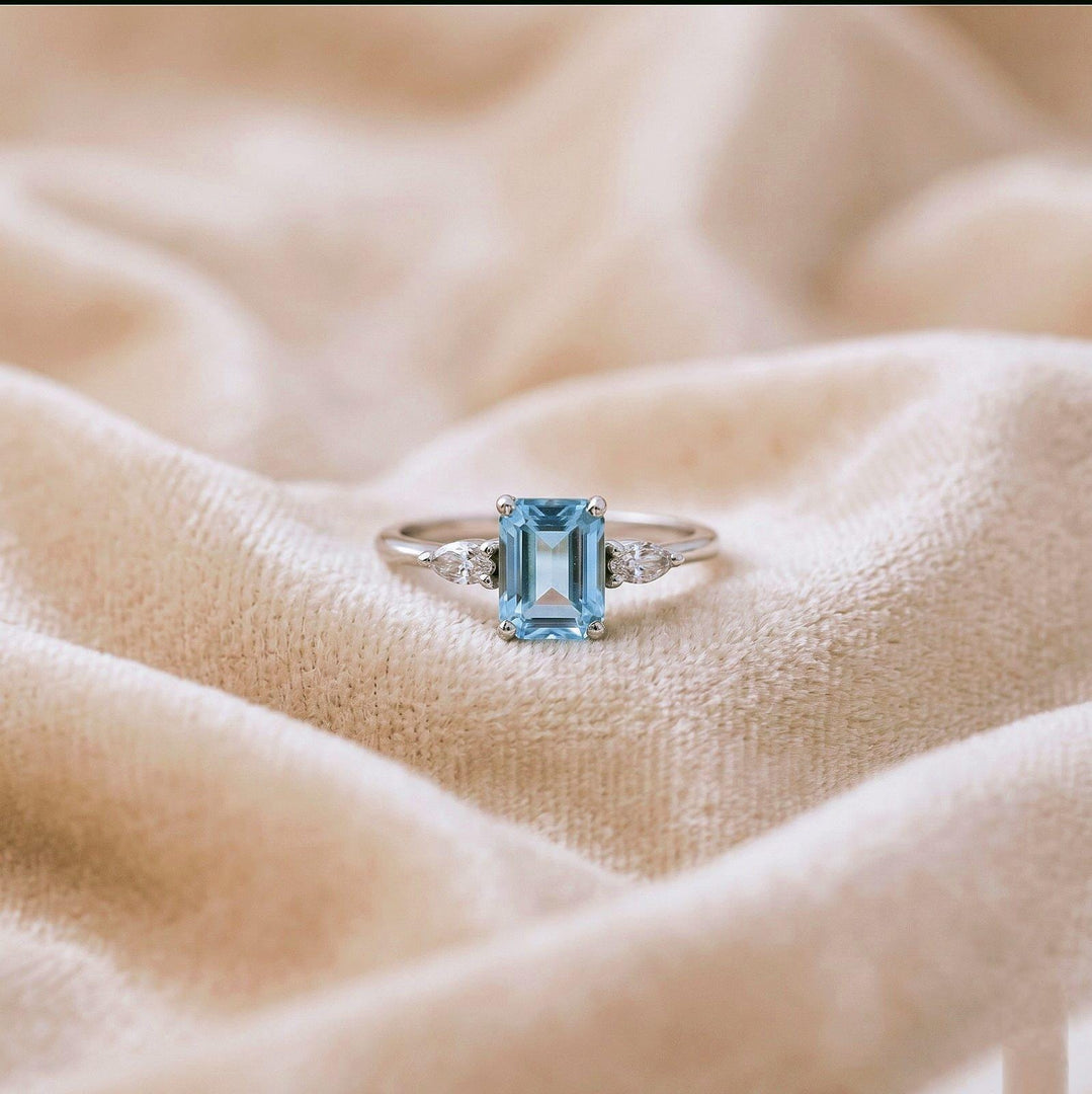 Natural Aquamarine Ring in 925 Sterling Silver Emerald cut Engagement, Promise Ring March Birthstone, Anniversary Birthday Gift For Her