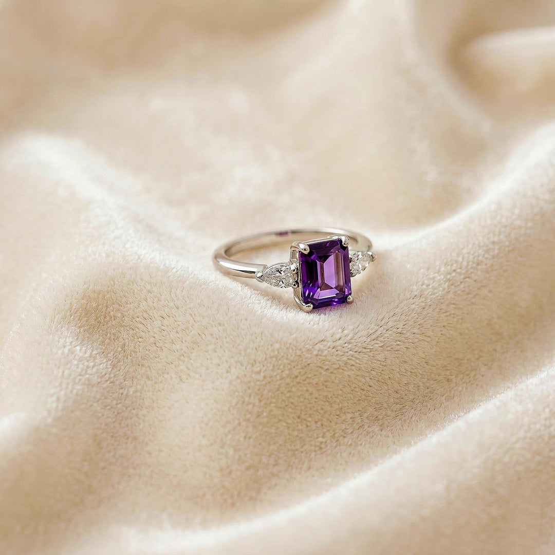 Emerald Cut Natural Amethyst Engagement Ring Solid Rose Gold Promise Ring Solitaire Ring Prongs Statement Ring Gem Ring Women