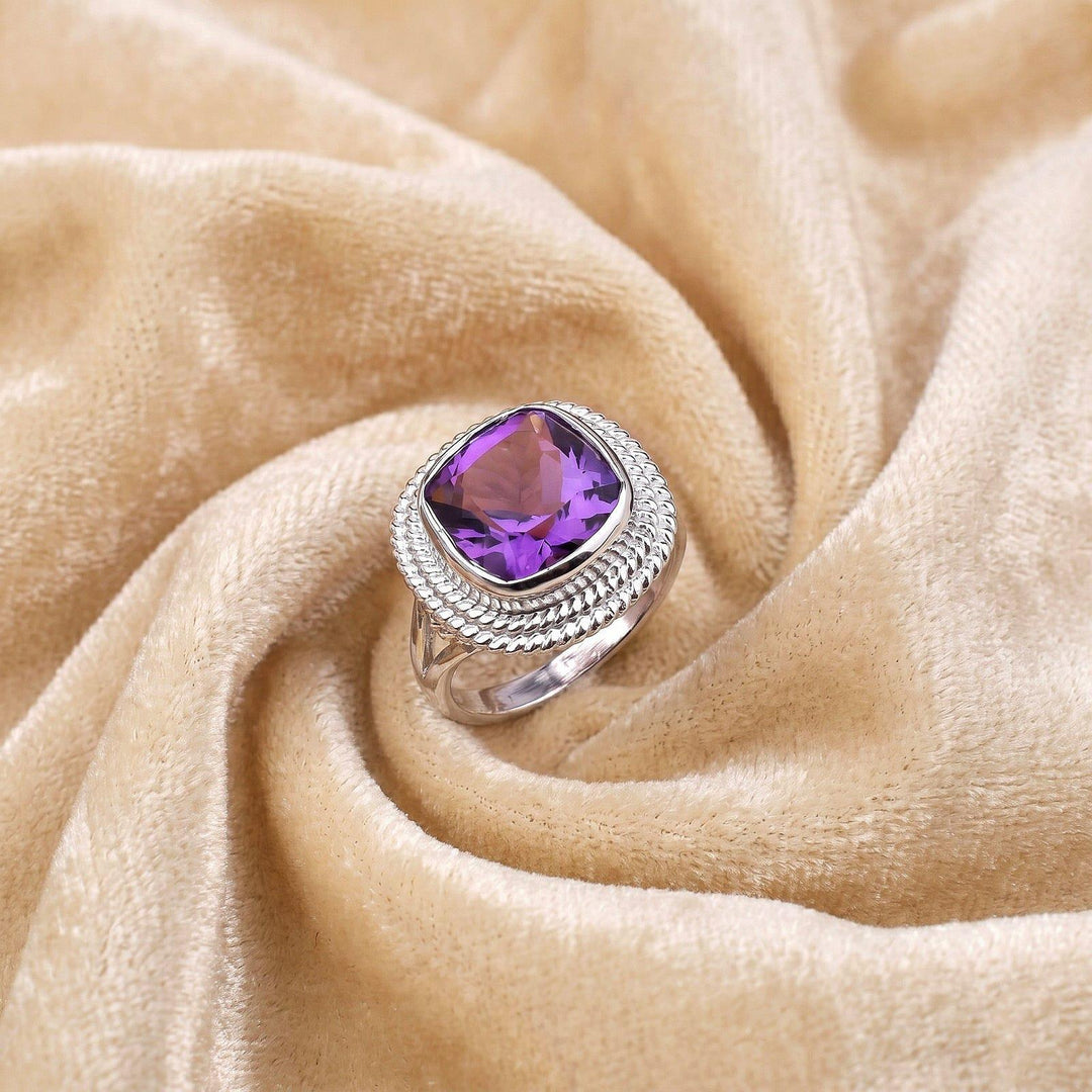 Cushion Cut Amethyst Ring, 925 Sterling Silver, Art Deco Engagement, Nature Inspired Bridal Band