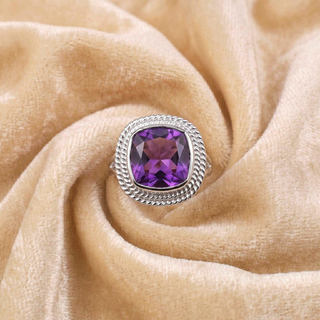 Cushion Cut Amethyst Ring, 925 Sterling Silver, Art Deco Engagement, Nature Inspired Bridal Band