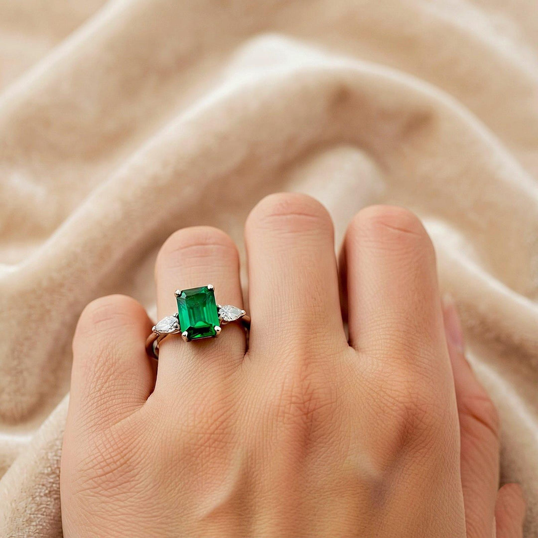 Emerald ring Vintage Lab Emerald Engagement ring Silver ring gift Unique antique wedding promise anniversary ring for her