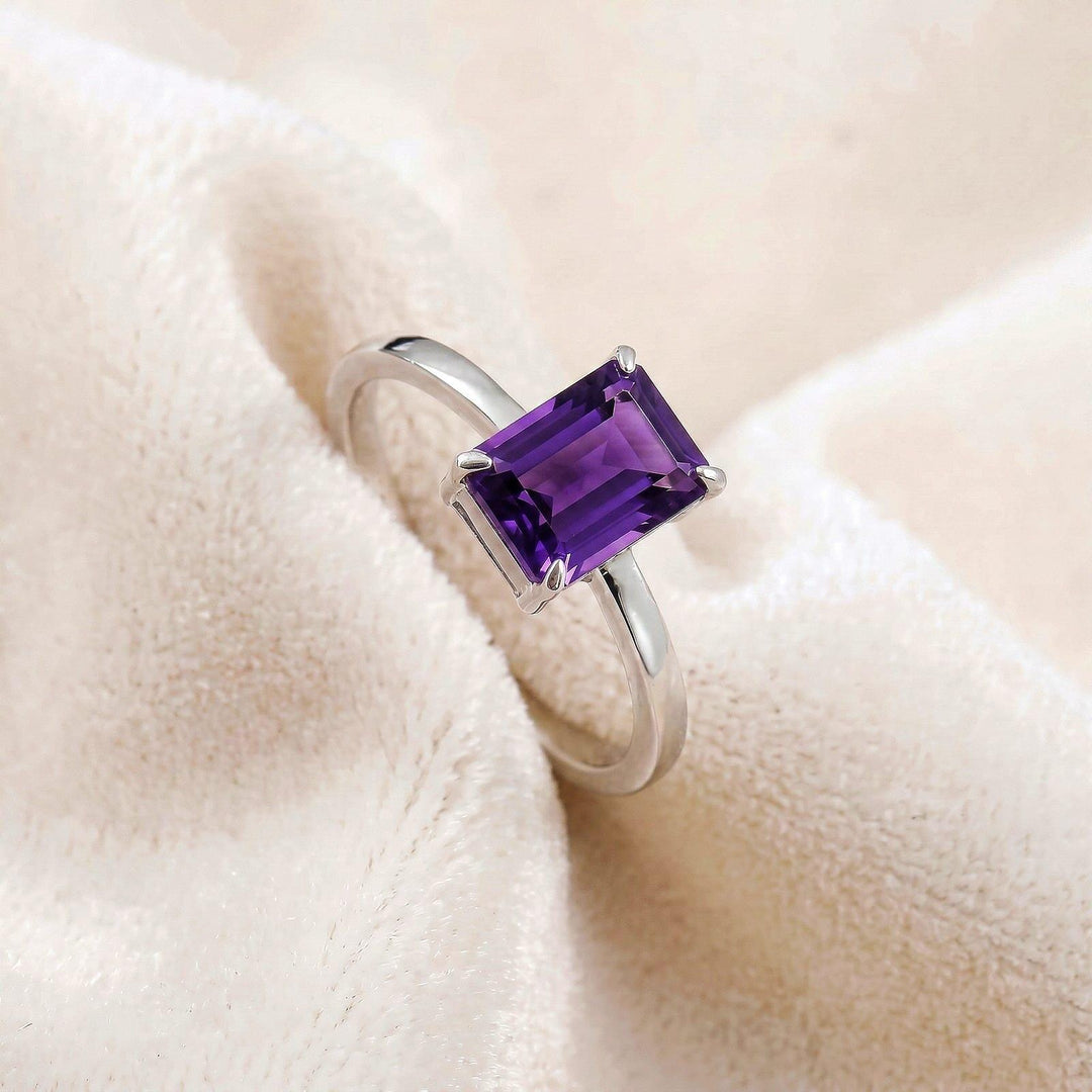 Emerald Cut Amethyst Engagement Ring, Solid 925 Sterling Silver Solitaire Statement Ring