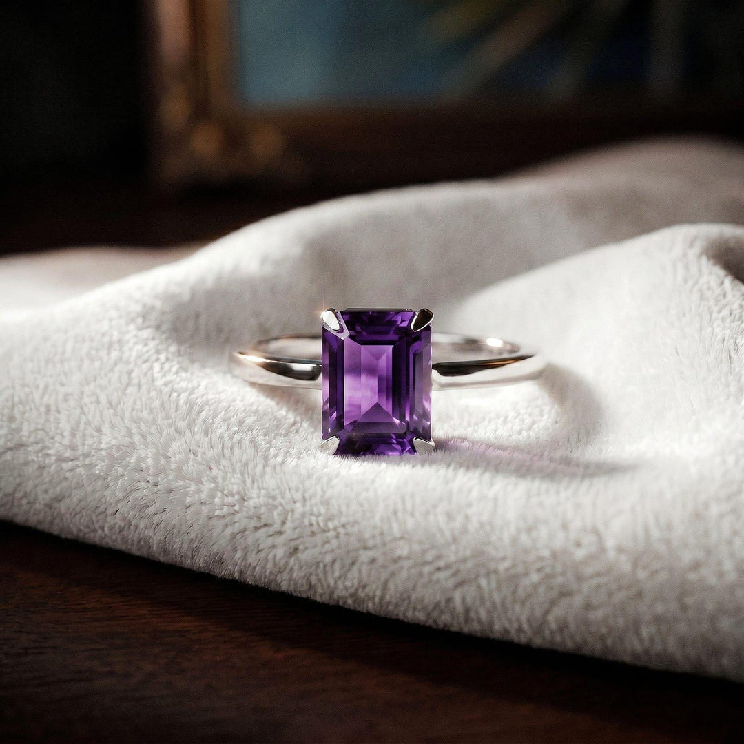 Emerald Cut Amethyst Engagement Ring, Solid 925 Sterling Silver Solitaire Statement Ring