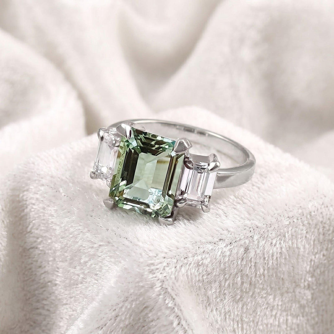 Emerald Cut Green Amethyst Ring, Gold Vermeil, Sterling Silver, Bridal Anniversary Gift