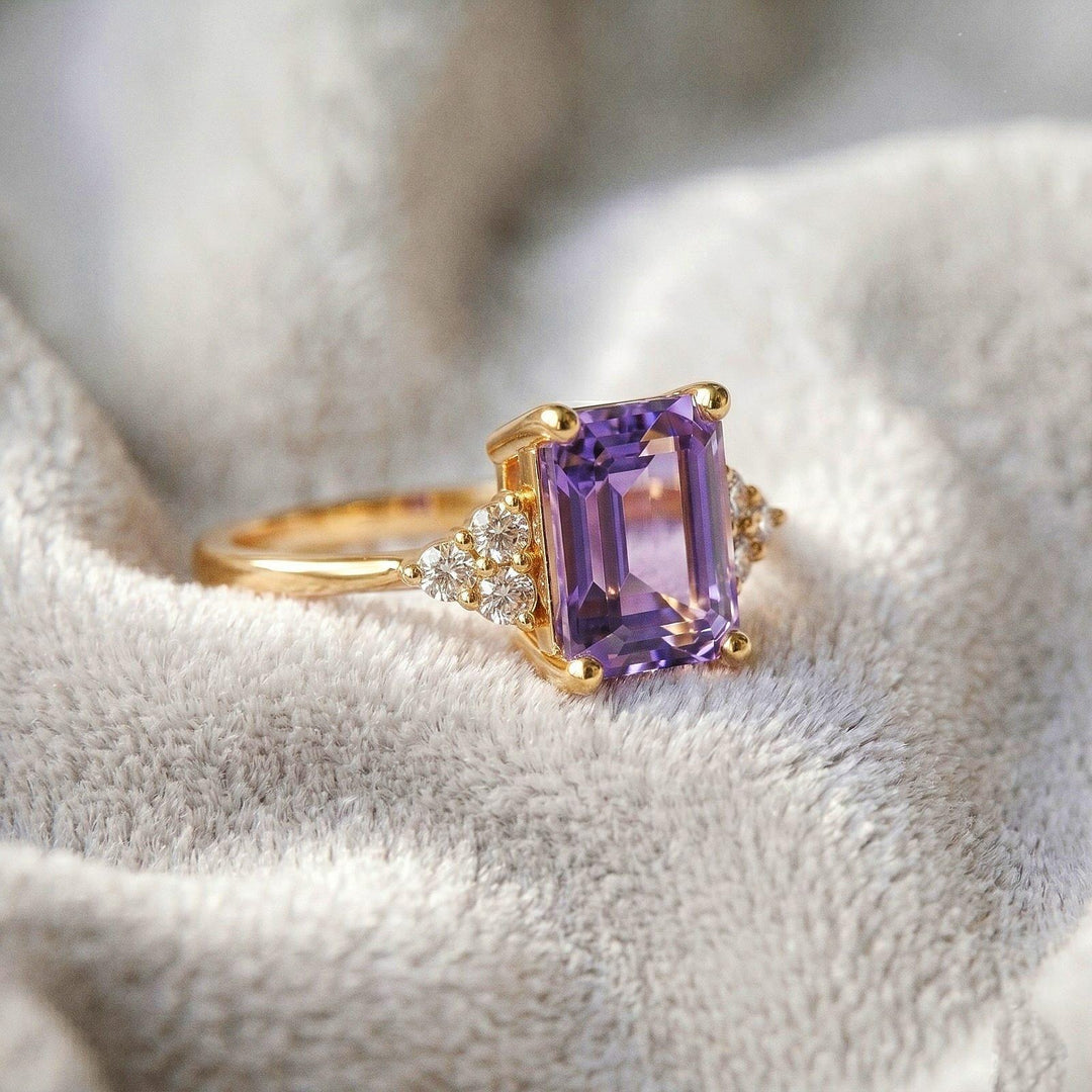 Emerald Cut Natural Amethyst Ring, Solid Rose Gold Solitaire Statement Ring (6x8mm)