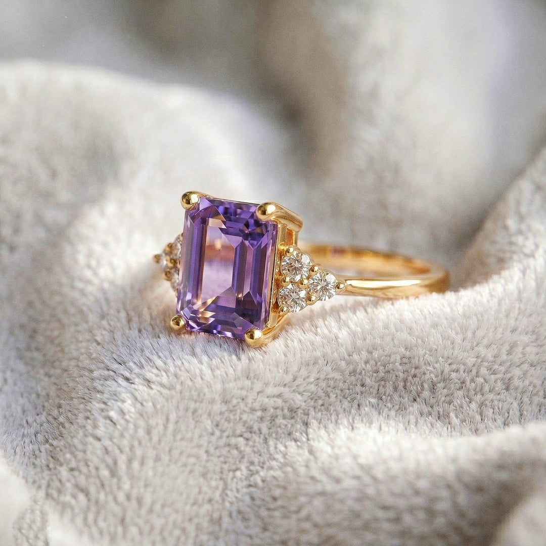 Emerald Cut Natural Amethyst Ring, Solid Rose Gold Solitaire Statement Ring (6x8mm)