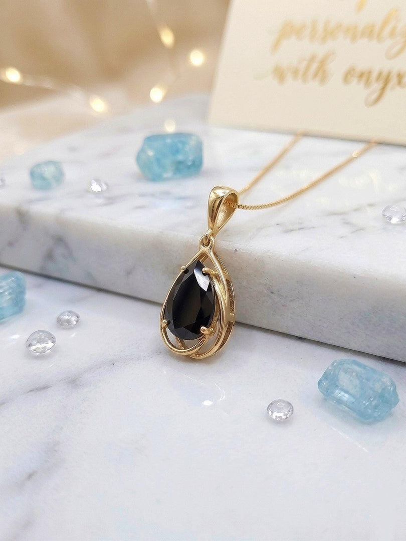 Black onyx necklace - Genuine Black Onyx Pear Pendant - Flowing Silver Necklace - Minimalist, Dainty & Delicate Necklace, Gift For Her