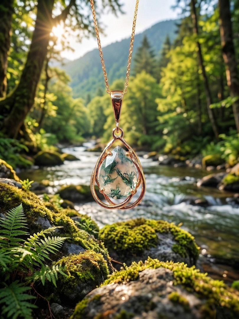 Moss agate Necklace, Pear Shaped Moss Agate, Pendant Necklace Yellow Gold, Necklace for Women Bridal Jewelry Gift for Women