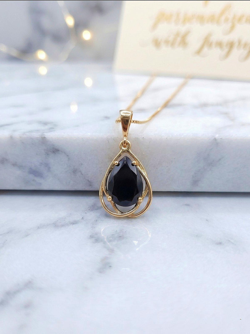 Black onyx necklace - Genuine Black Onyx Pear Pendant - Flowing Silver Necklace - Minimalist, Dainty & Delicate Necklace, Gift For Her