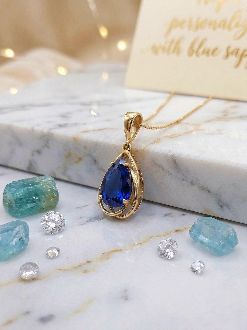 Genuine Sapphire Pear Necklace 14K Gold Vermeil, Real Lab Blue Sapphire Gemstone Jewellery, Anniversary Birthday Gifts for Her
