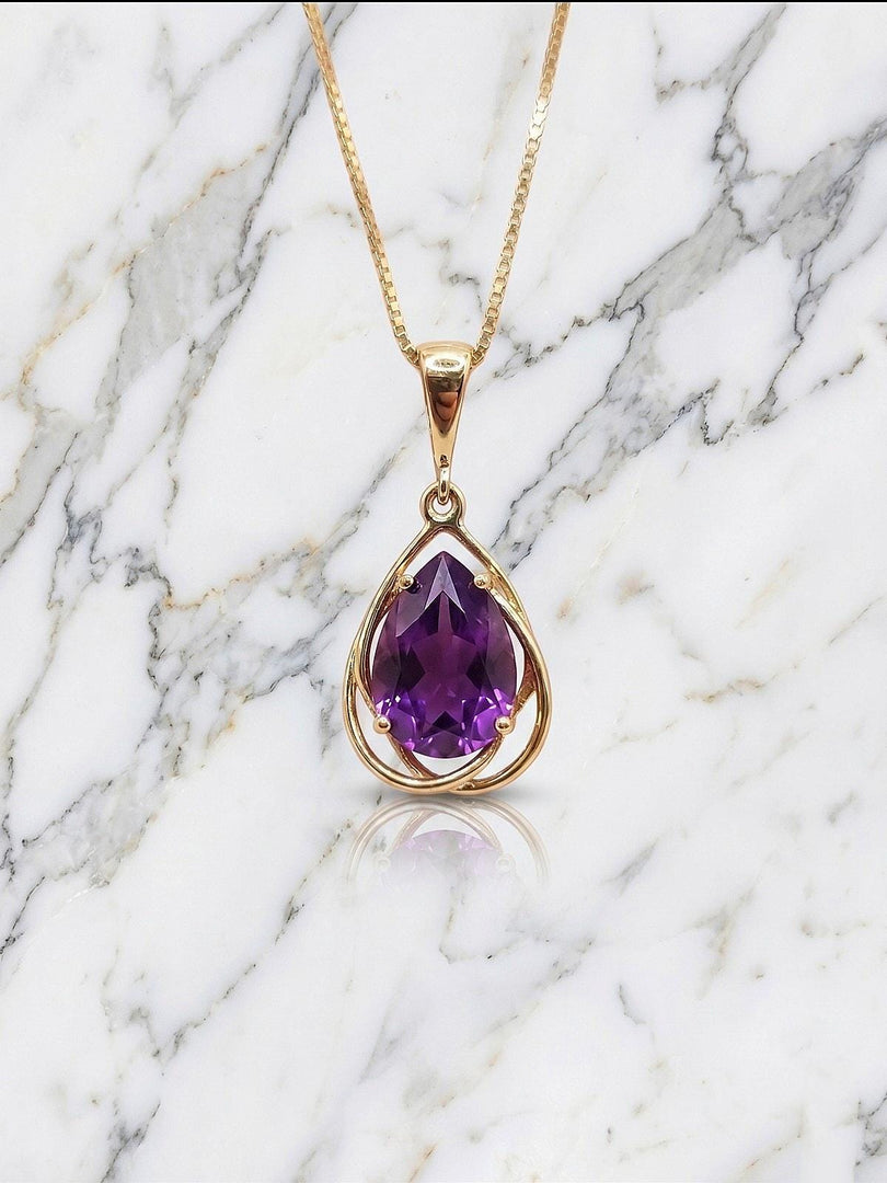 Amethyst necklace - Genuine Amethyst Pear Pendant - Flowing Silver Necklace - Minimalist, Dainty & Delicate Necklace, Gift For Her