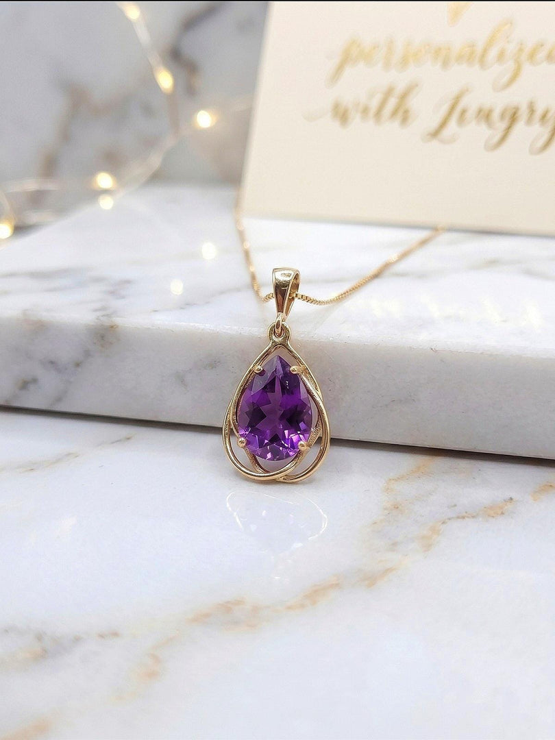 Amethyst necklace - Genuine Amethyst Pear Pendant - Flowing Silver Necklace - Minimalist, Dainty & Delicate Necklace, Gift For Her