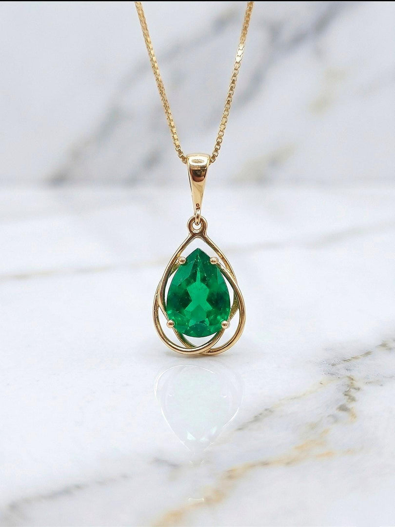 Emerald necklace - Genuine Emerald Pear Pendant - Flowing Silver Necklace - Minimalist, Dainty & Delicate Necklace, Gift For Her