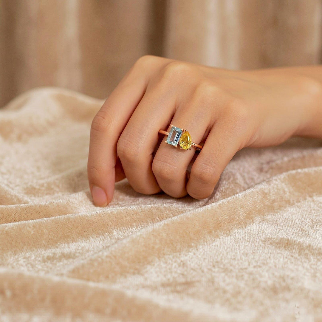 Emerald Cut Aquamarine & Pear Yellow Gemstone Ring, Solid Yellow Gold Wedding Band