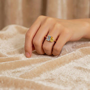 Emerald Cut Aquamarine & Pear Yellow Gemstone Ring, Solid Yellow Gold Wedding Band