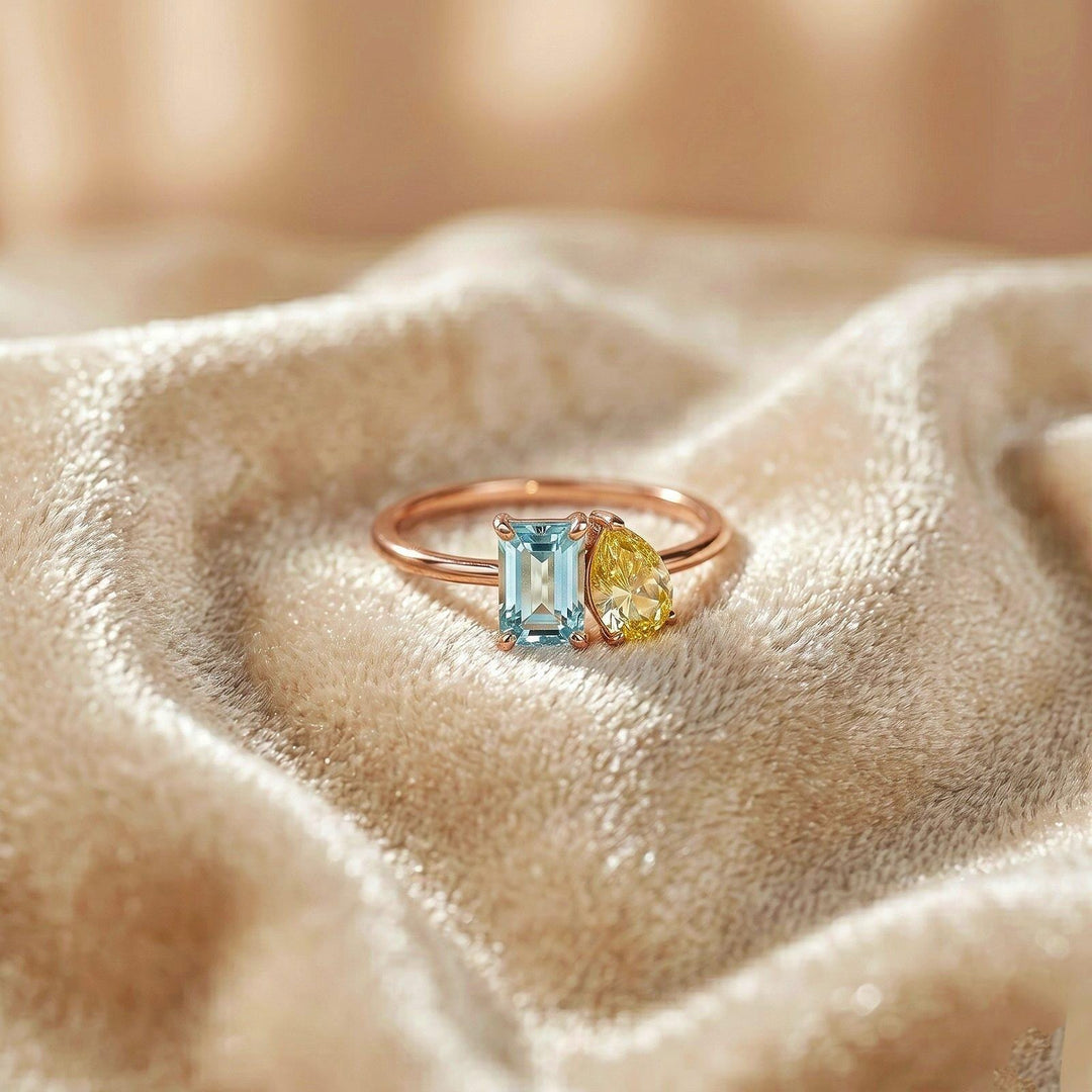Emerald Cut Aquamarine & Pear Yellow Gemstone Ring, Solid Yellow Gold Wedding Band